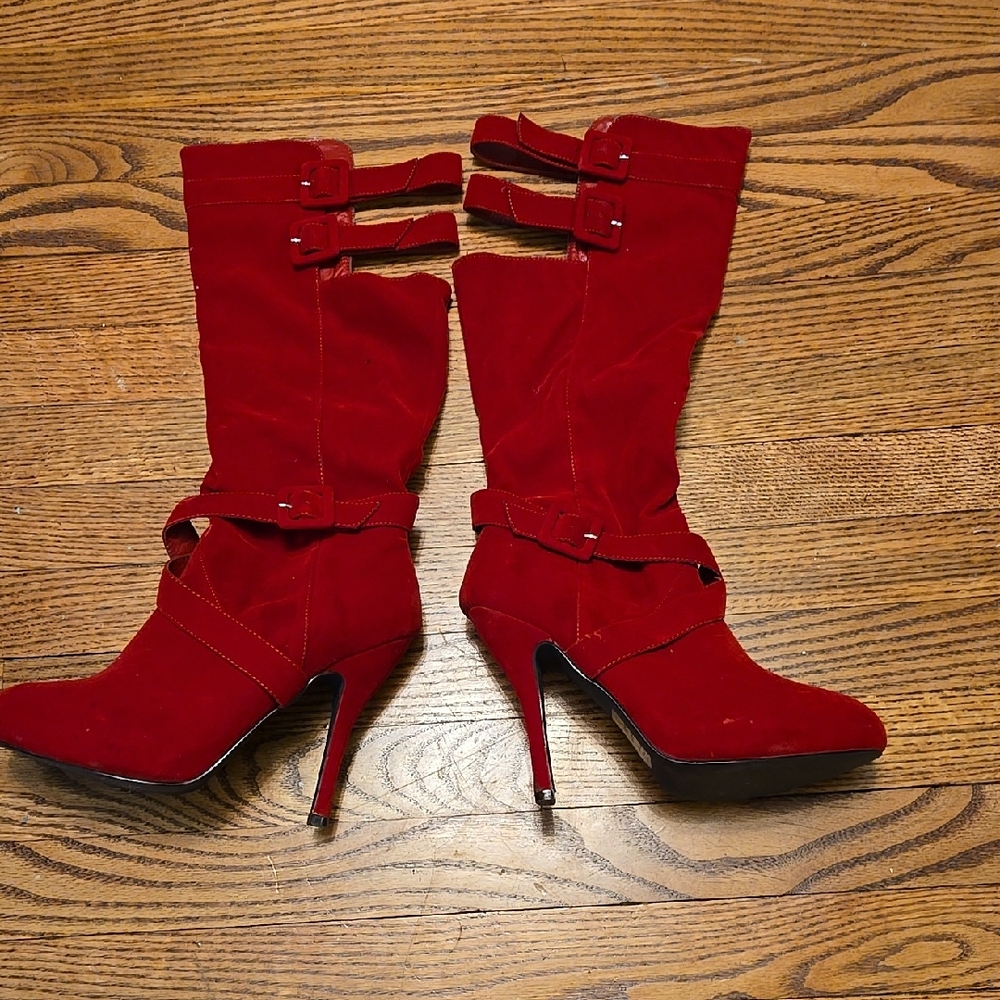 Red Faux Velvet Suede Knee Boots Buckles and Cutouts 9